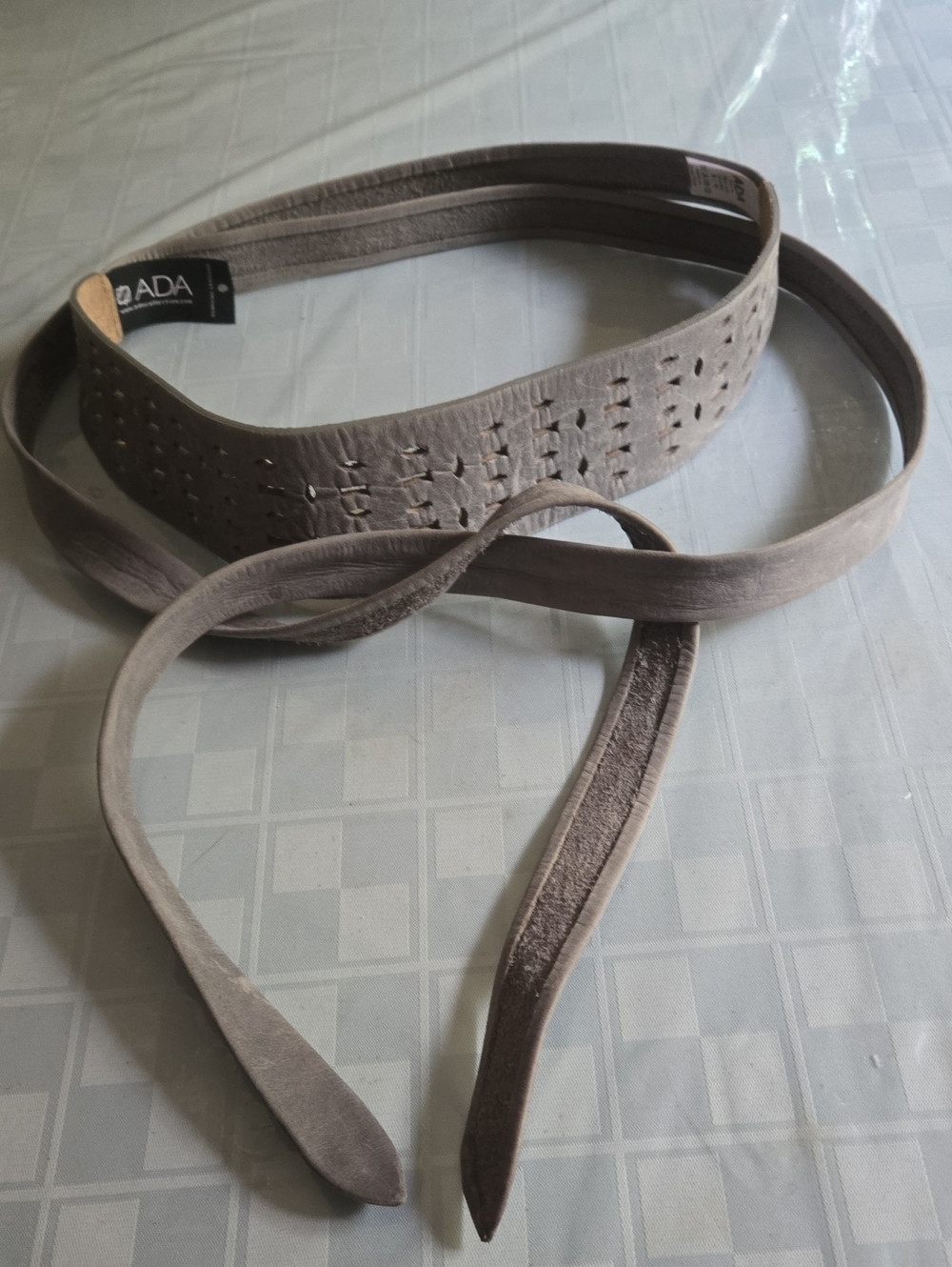 Ada Gray Leather Wrap Belt with Perforated Cutout Details  Adjustable Tie Closur